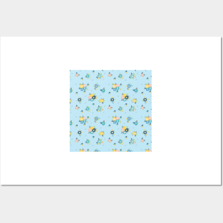 Cute flowers in light blue background Posters and Art